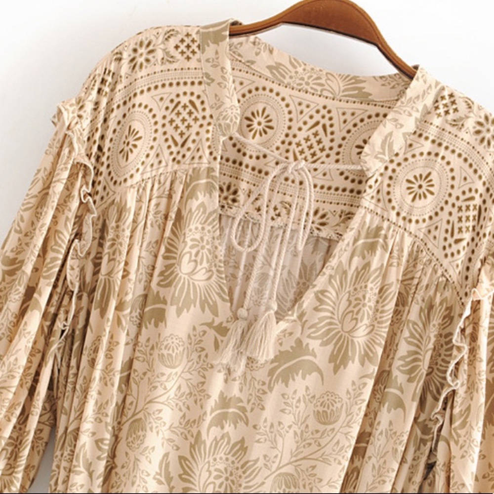 Boho 60’s Floral Gypsy Print Ruffle Dress Tan Nude - Picture 9 of 16